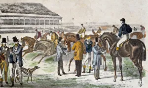 Jockeys and their horses before the race - engraving, c. 1850 Jockeys and their horses before the race - engraving, c. 1850