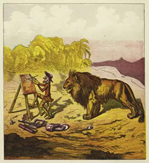 John Bold surprised by a lion while painting (colour litho)