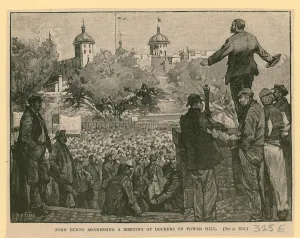 John Burns addressing a meeting of dockers on Tower Hill (engraving) John Burns addressing a meeting of dockers on Tower Hill (engraving)
