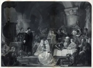 John Knox administering the first Protestant Communion, pub. 1849 (engraving) John Knox administering the first Protestant Communion, pub. 1849 (engraving)