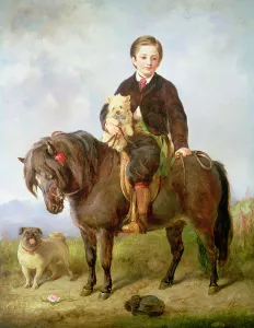 John Samuel Bradford as a boy seated on a shetland pony with a pug dog, 19th century John Samuel Bradford as a boy seated on a shetland pony with a pug dog, 19th century