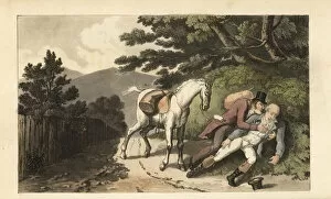 Johnny assisting a traveller who has been thrown from his horse. Handcoloured copperplate engraving by Thomas