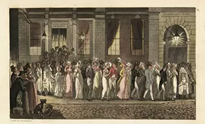 Johnny and other revellers arrested by the Night Watchman after a riotous dance party in Covent Garden Chambers. Handcoloured copperplate engraving by Thomas Rowlandson from William Combe's The History of Johnny Quae Genus