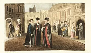 Johnny in robes talking with Dons at Oxford University, while other scholars and students buy corn from grocers and molest maids. Handcoloured copperplate engraving by Thomas Rowlandson from William Combe's The History of Johnny Quae Genus