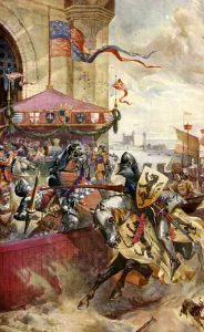 Joust held on London Bridge (colour litho) Joust held on London Bridge (colour litho)