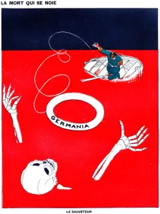 Kaiser Wilhelm throwing a lifebelt to save Death from drowning in a sea of blood Kaiser Wilhelm throwing a lifebelt to save Death from drowning in a sea of blood