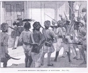 De Kantzow defending the treasury at Mynpooree 1857 AD (litho) De Kantzow defending the treasury at Mynpooree 1857 AD (litho)