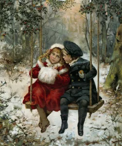 Two kids on a swing. The little boy wears a sailor suit and the little girl a muff Two kids on a swing. The little boy wears a sailor suit and the little girl a muff