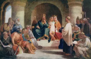 King Alfred (849-99) submitting his laws to the Witan, illustration from ' King Alfred (849-99) submitting his laws to the Witan, illustration from '