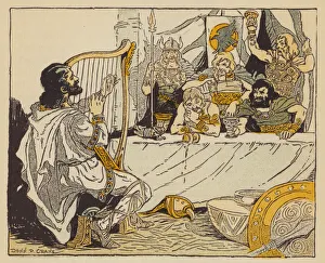 King Alfred in the camp of the Danes in the guise of a minstrel (colour litho) King Alfred in the camp of the Danes in the guise of a minstrel (colour litho)