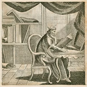 King Alfred the Great at his studies, 9th Century (engraving)