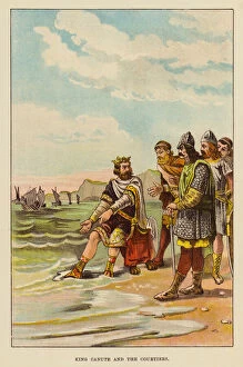 King Canute and the Courtiers (colour litho)