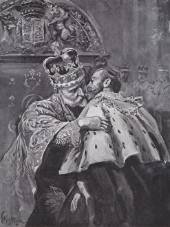 King Edward VII embracing his son, the Prince of Wales, at the king's coronation King Edward VII embracing his son, the Prince of Wales, at the king's coronation