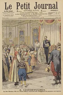 King Haakon VII and Queen Maud of Norway receiving a delegation of Norwegian peasants (colour litho) King Haakon VII and Queen Maud of Norway receiving a delegation of Norwegian peasants (colour litho)