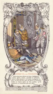 King Henry III of France and his favourites, the Mignons (colour litho) King Henry III of France and his favourites, the Mignons (colour litho)