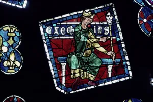 King Hezekiah, detail from the north rose window, c.1223 (stained glass) King Hezekiah, detail from the north rose window, c.1223 (stained glass)