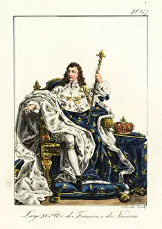 Flowers Of Earth Gallery: King Louis XV of France, on his throne with crown and scepter. 1825 (lithograph)