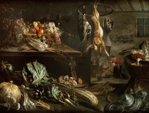 Kitchen interior with still life, maid by the fire Kitchen interior with still life, maid by the fire