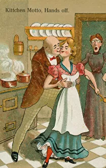 Kitchen maid being molested (colour litho)