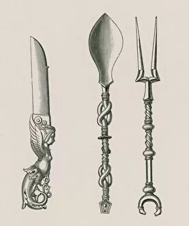 Knife, Spoon, and Fork, from the collection in the Louvre, of the sixteenth century (engraving)