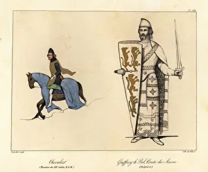 Knight on horesback in helmet and hauberk (from an 11th century psalter) and Geoffrey V with shield with four lions Knight on horesback in helmet and hauberk (from an 11th century psalter) and Geoffrey V with shield with four lions