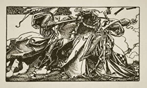 Knights in combat, illustration from The Story of King Arthur and his Knights, 1903 (litho)