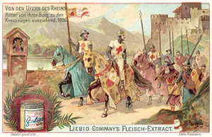 Knights setting out from their castle on the First Crusade, 1096 (chromolitho) Knights setting out from their castle on the First Crusade, 1096 (chromolitho)