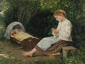 Knitting girl watching the toddler in a craddle (jeune fille tricotant en surveillant un Knitting girl watching the toddler in a craddle (jeune fille tricotant en surveillant un