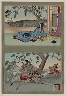 Kogo no Tsubone playing a biwa and female samurai Tomoe Gozen on horseback, 1888 (woodblock print)