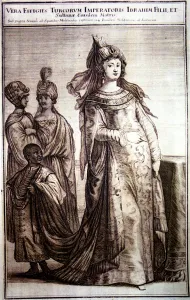 Kosem Sultan with servants, 1647 (engraving) Kosem Sultan with servants, 1647 (engraving)