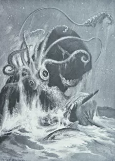 Creatures Gallery: The Kraken vs. Sperm Whales, 1900 (litho)