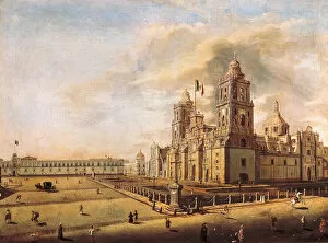 'La cathedrale metropolitaine et le palais national a Mexico' Peinture de Pedro Gualdi (1809-1857)