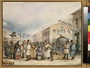 FIA5338872 La place du marche au foin a Saint Petersbourg (The Hay market Place in Saint Petersburg) - Oeuvre de Vasili Ivanovich Shternberg (1818-1845), aquarelle sur papier, 1837 - Art russe 19e siecle - Museum of Private Collections in A Pushkin Museum of Fine Arts, Moscou by Sternberg, Vasily Ivanovich (Wilhelm) (1818-45); Pushkin Museum, St. Petersburg, Russia; Photo © Fine Art Images La place du marche au foin a Saint Petersbourg (The Hay market Place in Saint Petersburg) - Oeuvre de Vasili Ivanovich Shternberg (1818-1845), aquarelle sur papier