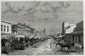 La rue Swanston, in Melbourne, engraving by H.Clergeet, to illustrate the story six months in Australia, by Desire Charnay, mission assignment by the Ministry of Public Education, in 1878, published in the tour du monde La rue Swanston, in Melbourne, engraving by H.Clergeet, to illustrate the story six months in Australia, by Desire Charnay, mission assignment by the Ministry of Public Education, in 1878, published in the tour du monde