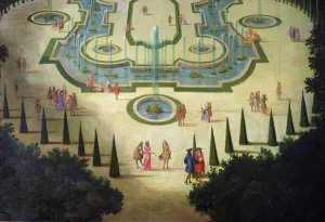 La Salle des Festins ou Salle du Conseil (detail of the ponds and figures in the foreground), c La Salle des Festins ou Salle du Conseil (detail of the ponds and figures in the foreground), c