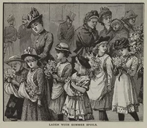 Laden with summer spoils: a group of city children after a summer trip to the countryside (engraving)