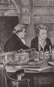 Central Library Gallery: The Ladies of Llangollen in Library (litho)