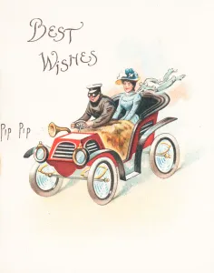 Lady and Gent racing in car, Christmas Card (chromolitho) Lady and Gent racing in car, Christmas Card (chromolitho)