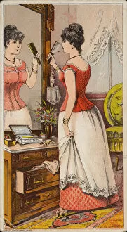 Lady Looking in Mirror Wearing Under Garments (chromolitho)