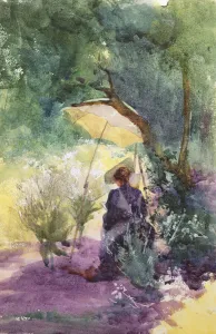 A Lady Sketching in a Glade Under the Shade of a Parasol, (watercolour) A Lady Sketching in a Glade Under the Shade of a Parasol, (watercolour)