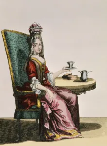 Lady Taking Coffee, fashion plate, c.1695 (engraving) Lady Taking Coffee, fashion plate, c.1695 (engraving)