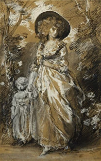 Using Hands Collection: A Lady Walking in a Garden, standing full length and Holding her Small Child by the Hand