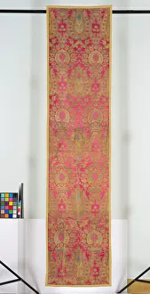 Lampas textile panel, 1550-99 (lampas, red warp-faced satin ground with pattern formed by Lampas textile panel, 1550-99 (lampas, red warp-faced satin ground with pattern formed by