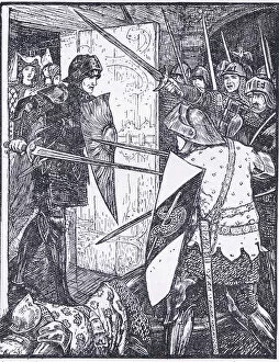 Heroes Gallery: Lancelot comes out of Guenevere's room, illustration from The Book of Romance published by Longmans Green and Co