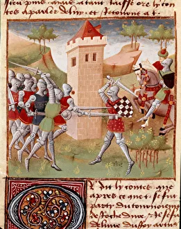 Lancelot du Lac combatant des chevaliers Miniature taken from ' Roman du Chevalier Tristan" Lancelot du Lac combatant des chevaliers Miniature taken from ' Roman du Chevalier Tristan"