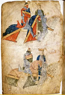 Lancelot du Lac with Queen Guinevere. Manuscript by Rusticano da Pisa