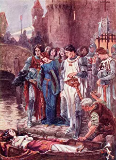 Arthurian Legend Collection: Lancelot looks at the dead Lady of Shalott on her arrival at Camelot