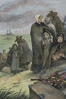 Landing of the Pilgrim Fathers in America after their voyage on board the Mayflower, 1620 (colour litho) Landing of the Pilgrim Fathers in America after their voyage on board the Mayflower, 1620 (colour litho)