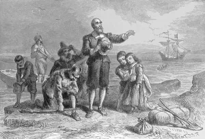 Landing of the Pilgrims, 1620, engraved by A. Bollett, from Harpers Monthly' Landing of the Pilgrims, 1620, engraved by A. Bollett, from Harpers Monthly'