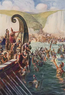 The landing of the Romans in Britain, 54 BC (colour litho) The landing of the Romans in Britain, 54 BC (colour litho)